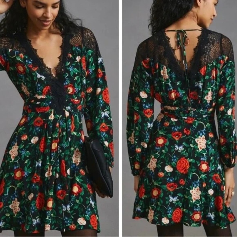 Anthropologie Black Floral Lace Trim V-Neck Long Sleeve Mini Dress 8 Whimsygoth